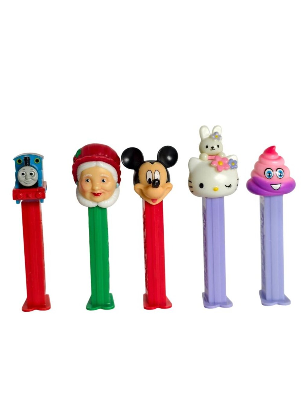 Pez Candy Dispensers 5 pc Mickey Hello Kitty Thomas Mrs. Claus Pink Swirl Emoji